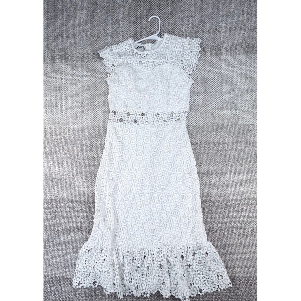 Daphne White Floral Guipure Lace Midi Dress Cap Sleeve Ruffle Hem L